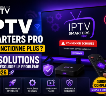 Promo banner for IPTV Smarters Pro with bold French headlines a TV screen showing a Connexion échouée warning and a handheld remote